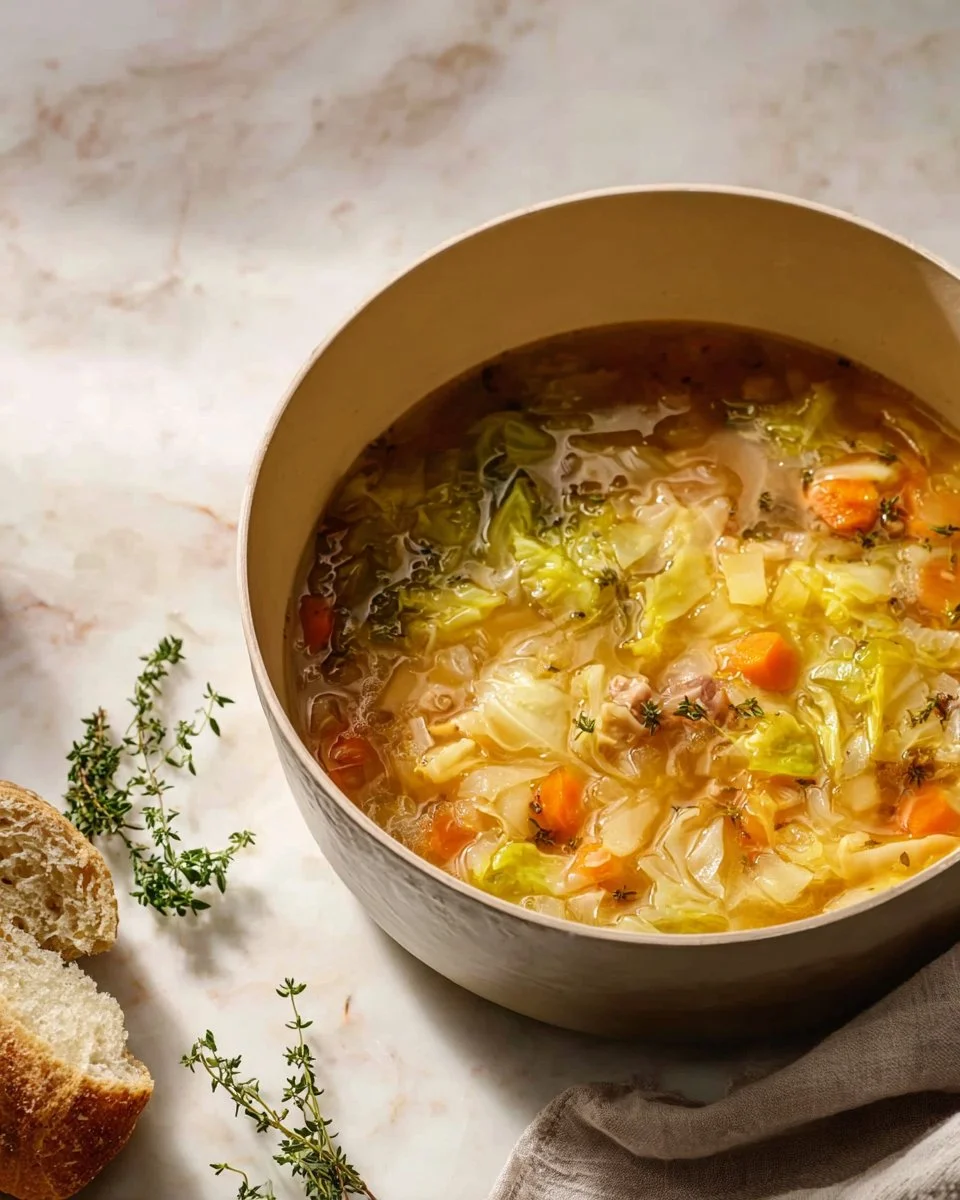 Bowl of diet cabbage soup with ground turkey garnished with herbs