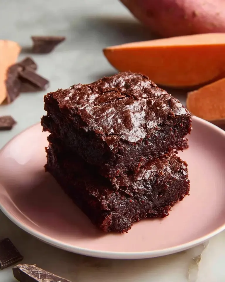 Fudgy classic sweet potato brownies on a rustic wooden table