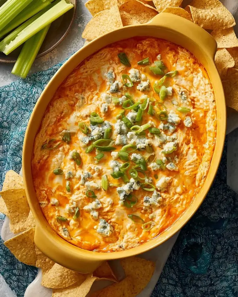 Classic Microwave Buffalo Chicken Dip served in a bowl with chips