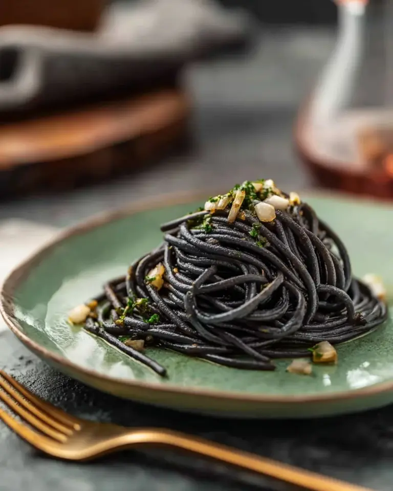 Plate of Garlic Black Pasta garnished with fresh herbs and drizzled with oil
