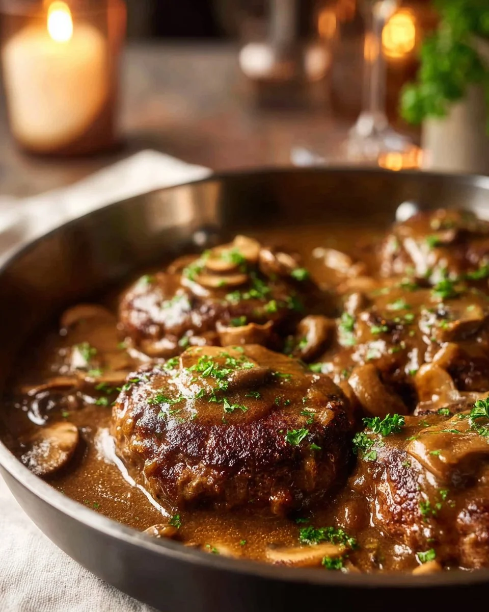 Delicious homemade Salisbury steak served with gravy and mashed potatoes