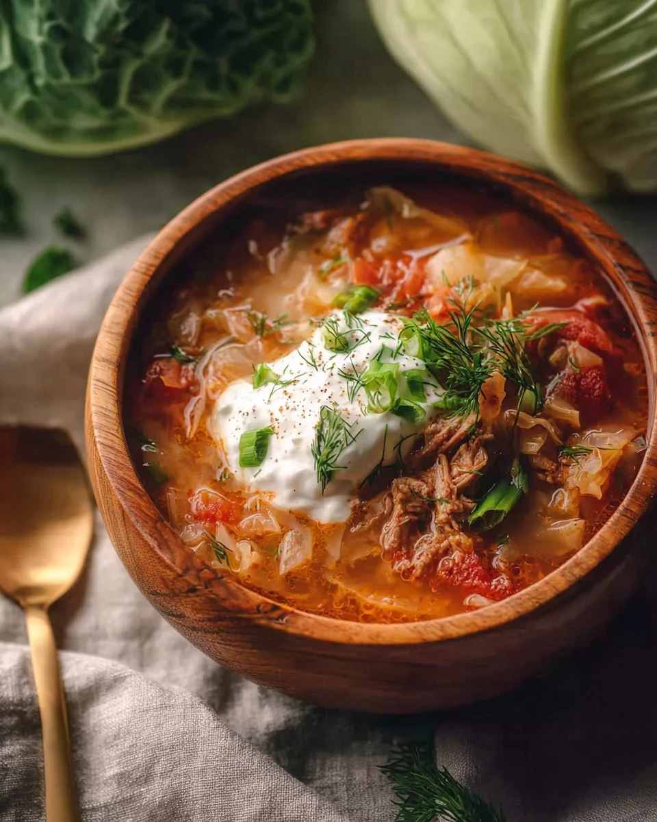 Bowl of Pork Chop and Cabbage Soup garnished with herbs