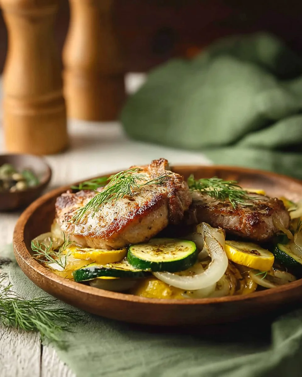 Delicious pork chops served with zucchini and squash on a plate.