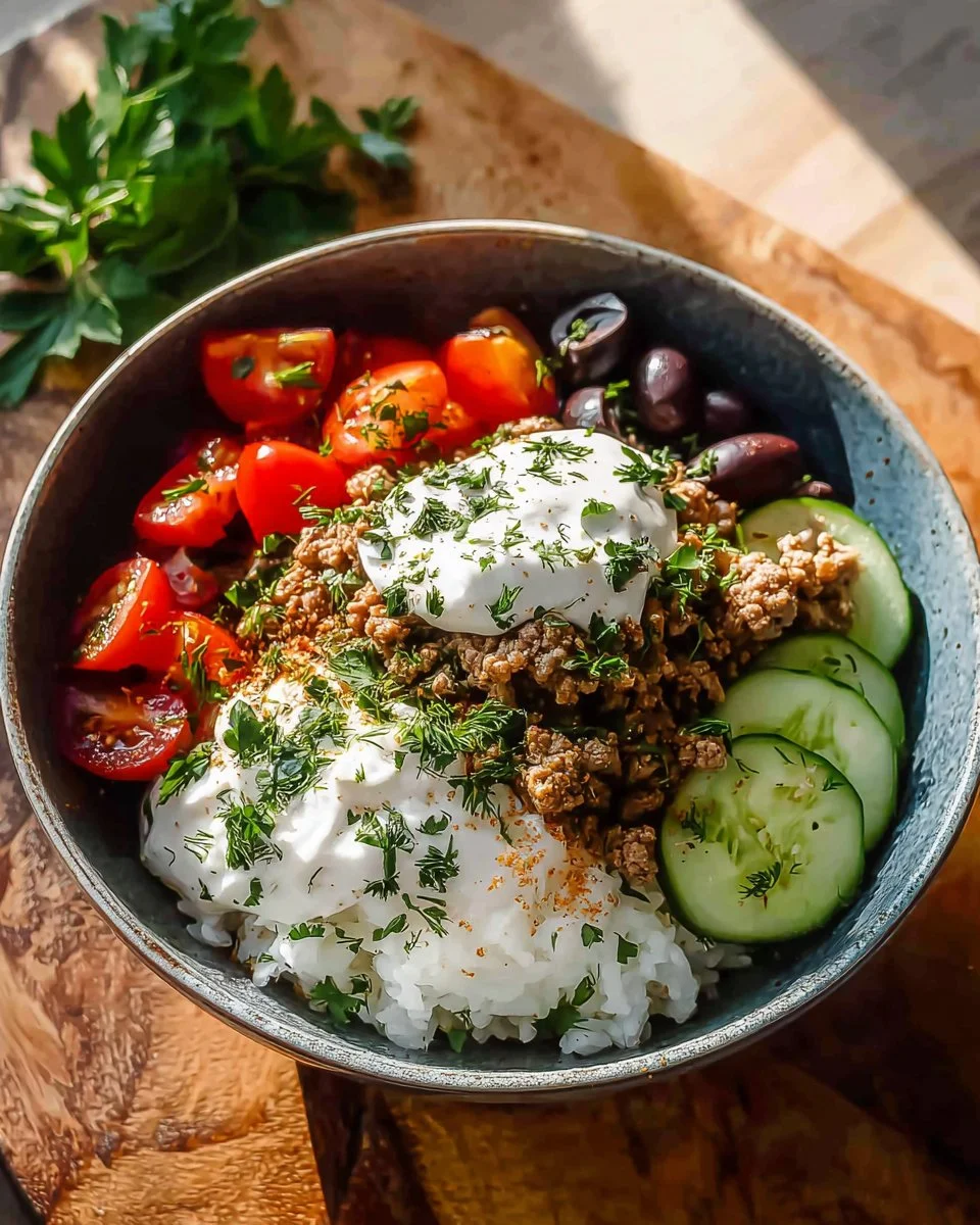 Delicious Greek ground turkey rice bowls topped with fresh vegetables and herbs.