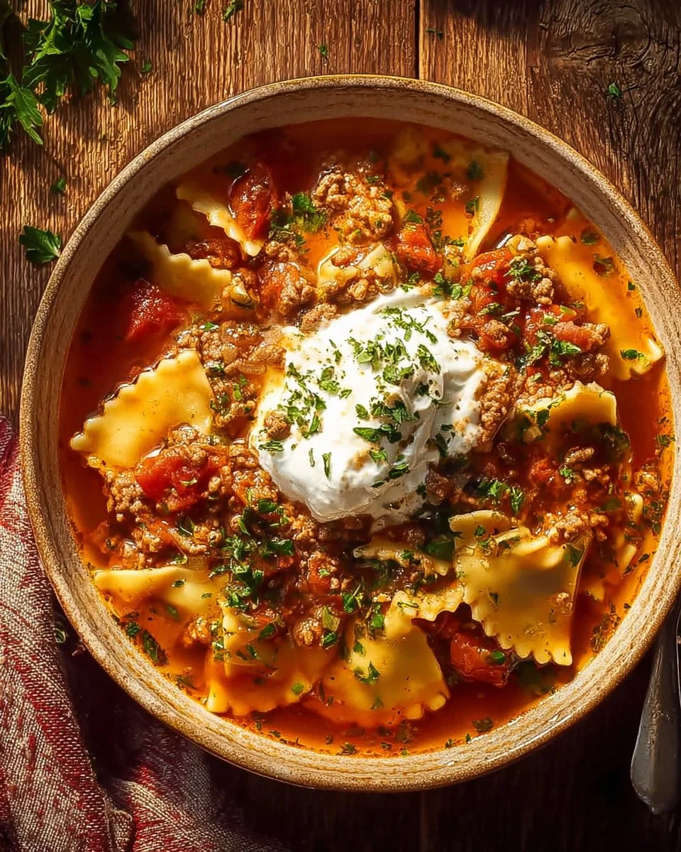 Gluten free and dairy free lasagna soup with fresh ingredients in a bowl.