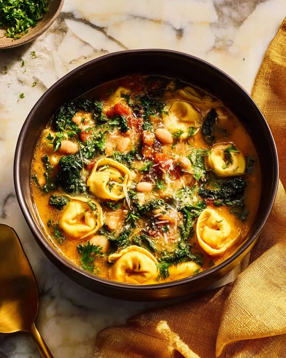 Bowl of Turkey Spinach Tortellini Soup garnished with fresh spinach and herbs.