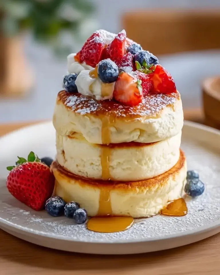 Plate of Asian fluffy pancakes topped with syrup and berries