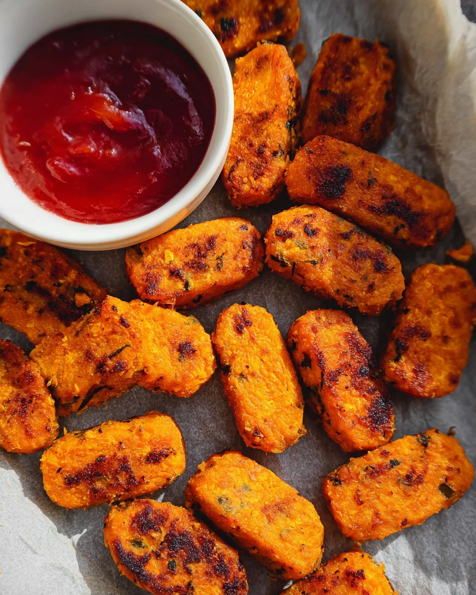 Baked sweet potato zucchini tots served on a plate with a dipping sauce