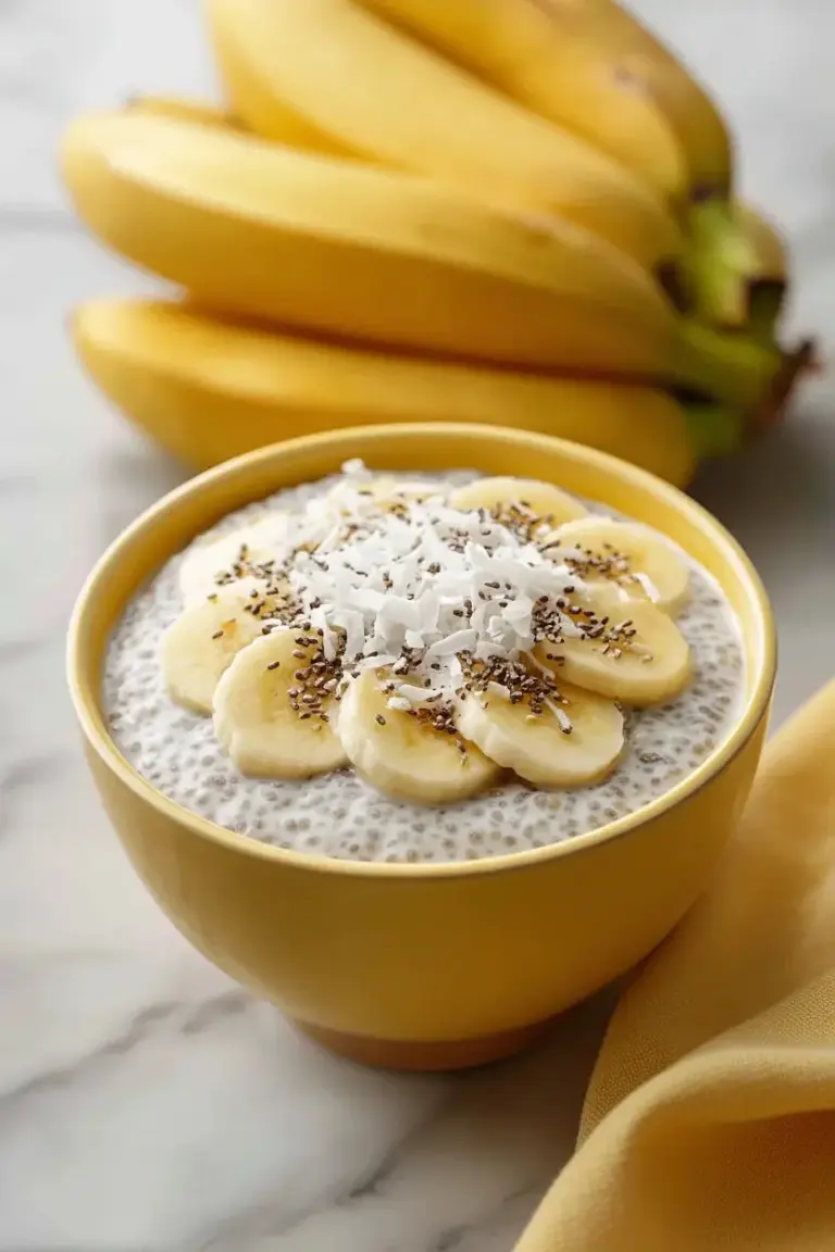 Delicious banana chia seed pudding topped with fresh banana slices.