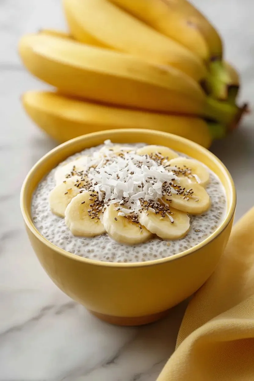 Delicious banana chia seed pudding topped with fresh banana slices.