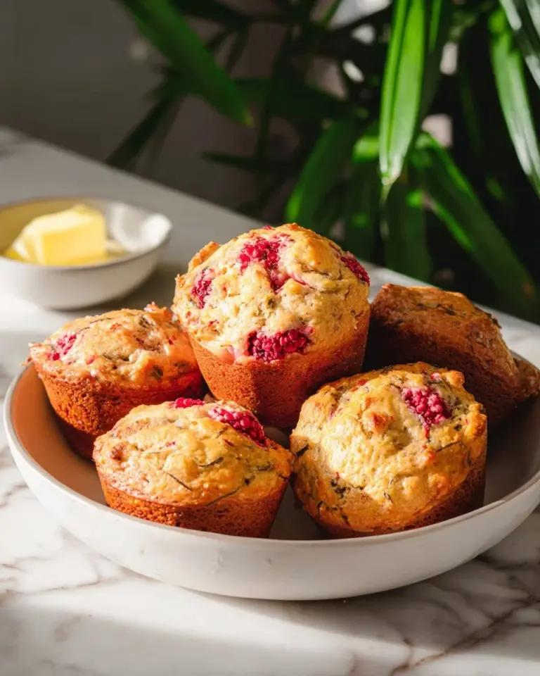 Freshly baked Banana Raspberry Muffins with vibrant raspberries and bananas