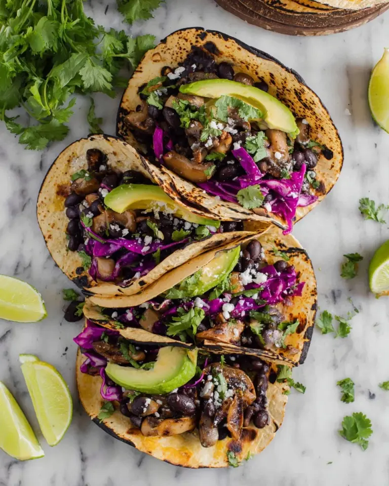 Delicious black bean mushroom tacos served with fresh toppings