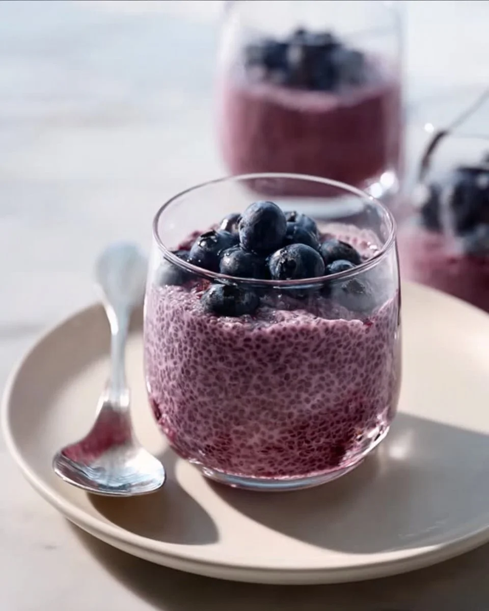 Blueberry chia seed pudding in a glass topped with fresh blueberries.