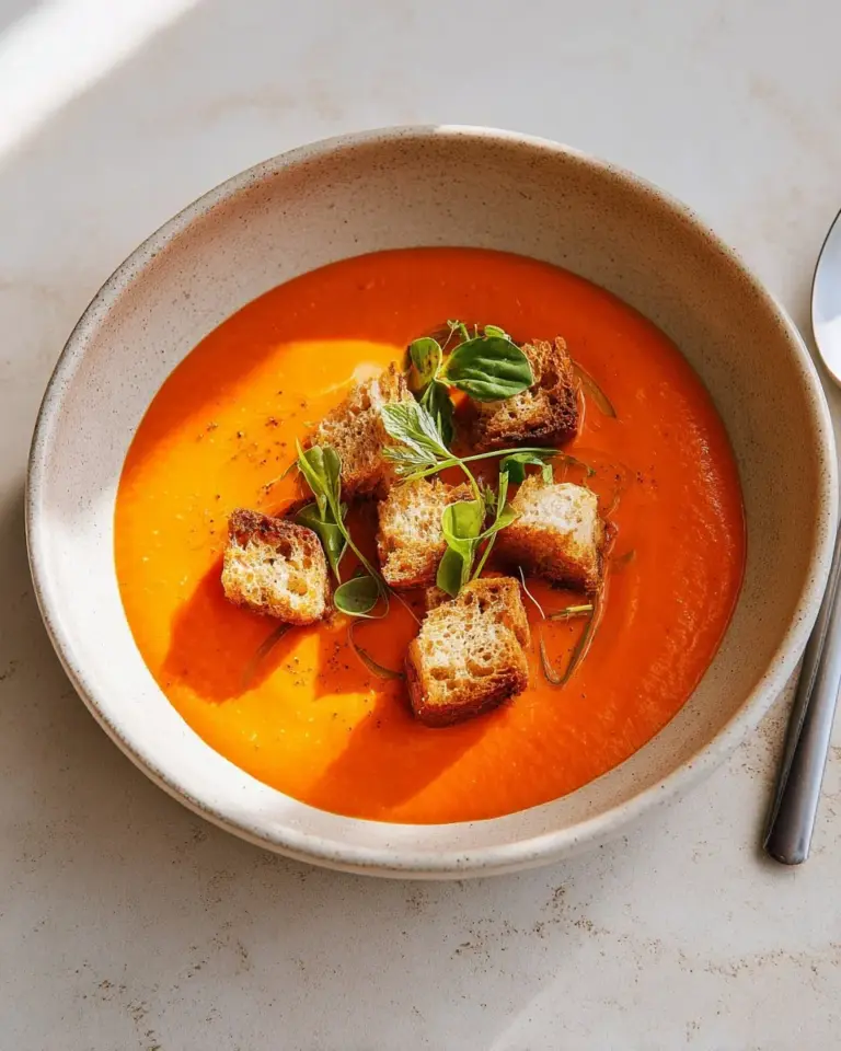 A bowl of butternut squash and tomato soup garnished with herbs.