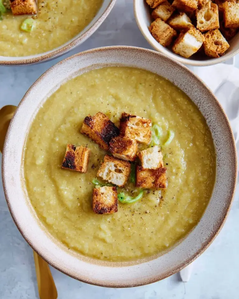 Creamy Cauliflower Potato Leek Soup in a bowl garnished with herbs