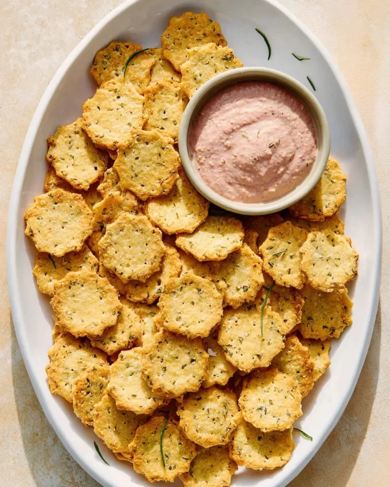 Bowl of crispy Chickpea Oat Crackers served with dip on a wooden table