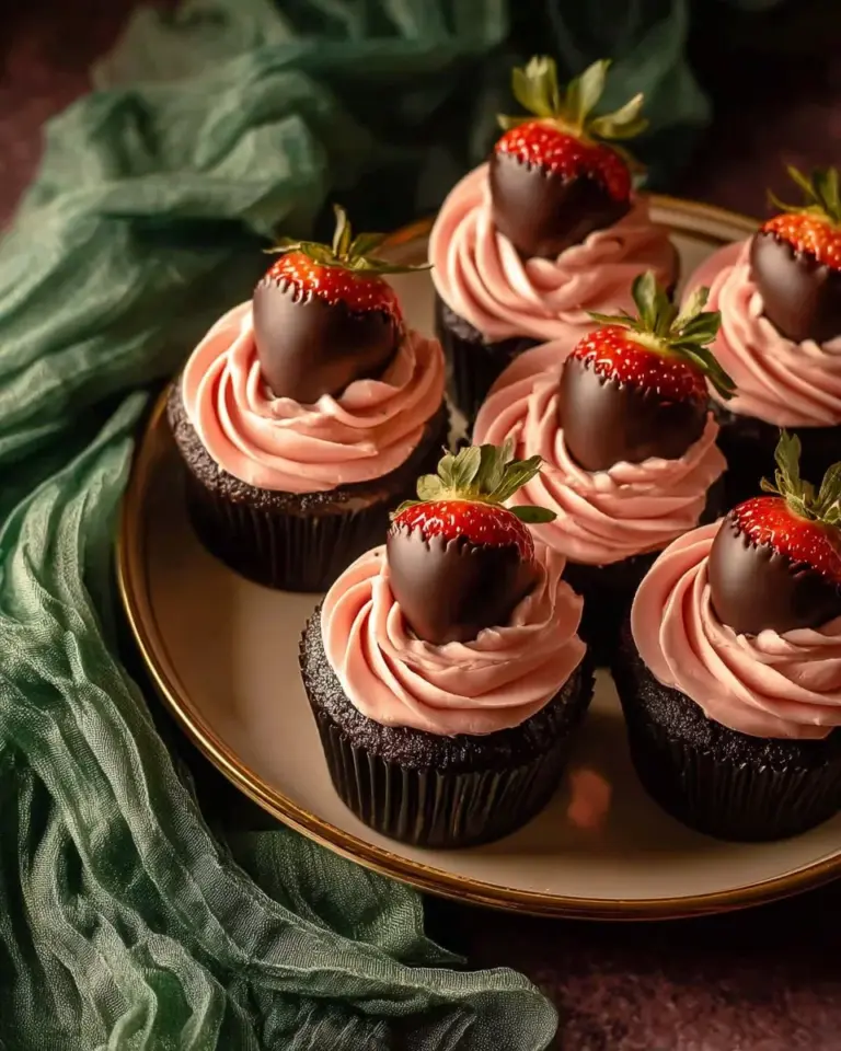 Delicious chocolate covered strawberry cupcakes with fresh berries on top