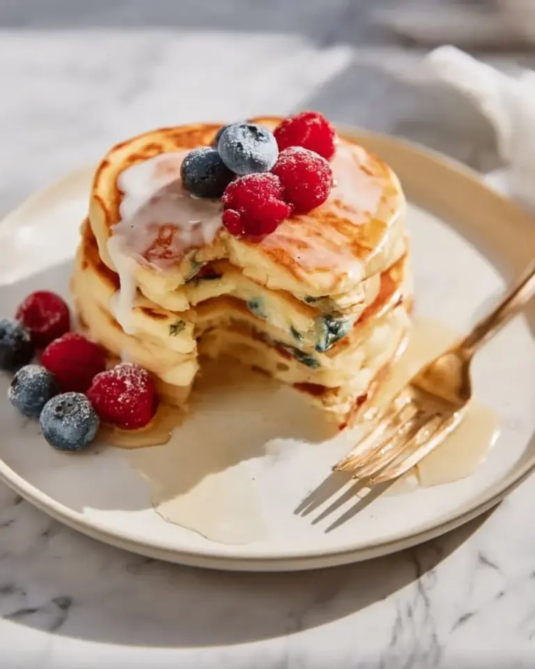 Fluffy cottage cheese pancakes stacked on a plate with syrup and berries.