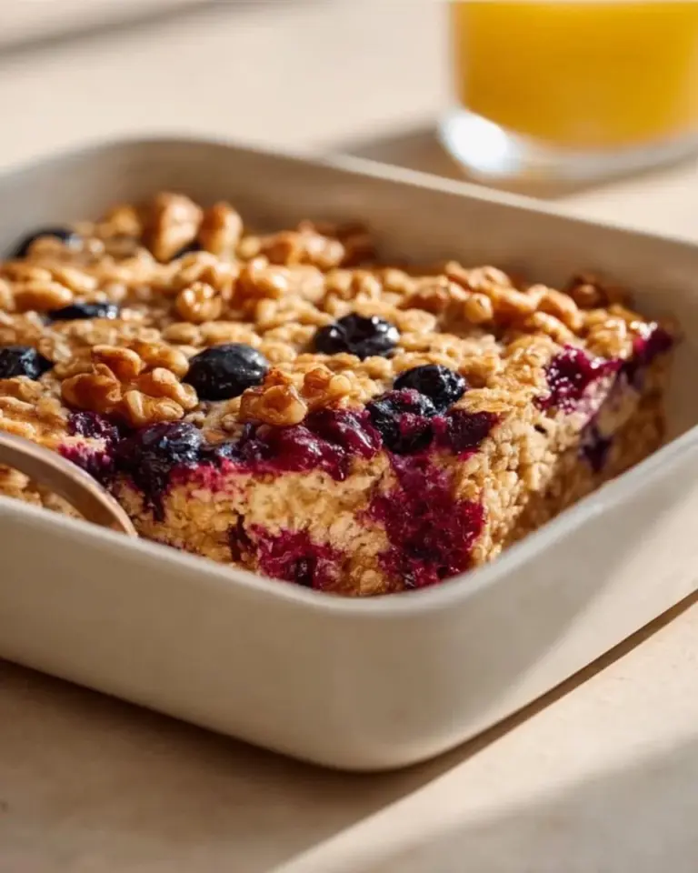 Cozy berry baked oatmeal topped with almonds in a bowl