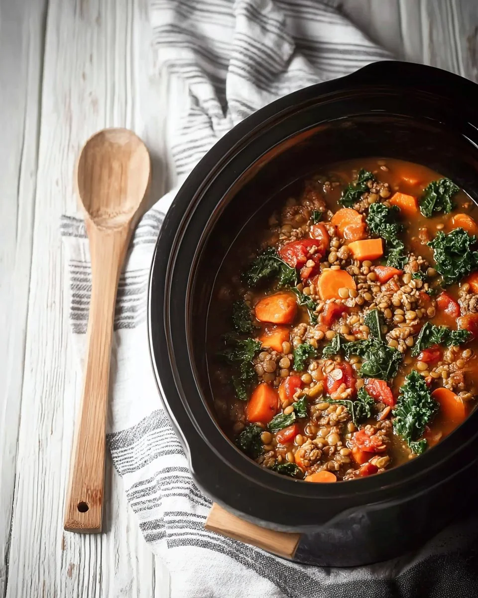 Cozy Crockpot Turkey Soup with ground turkey and lentils in a bowl