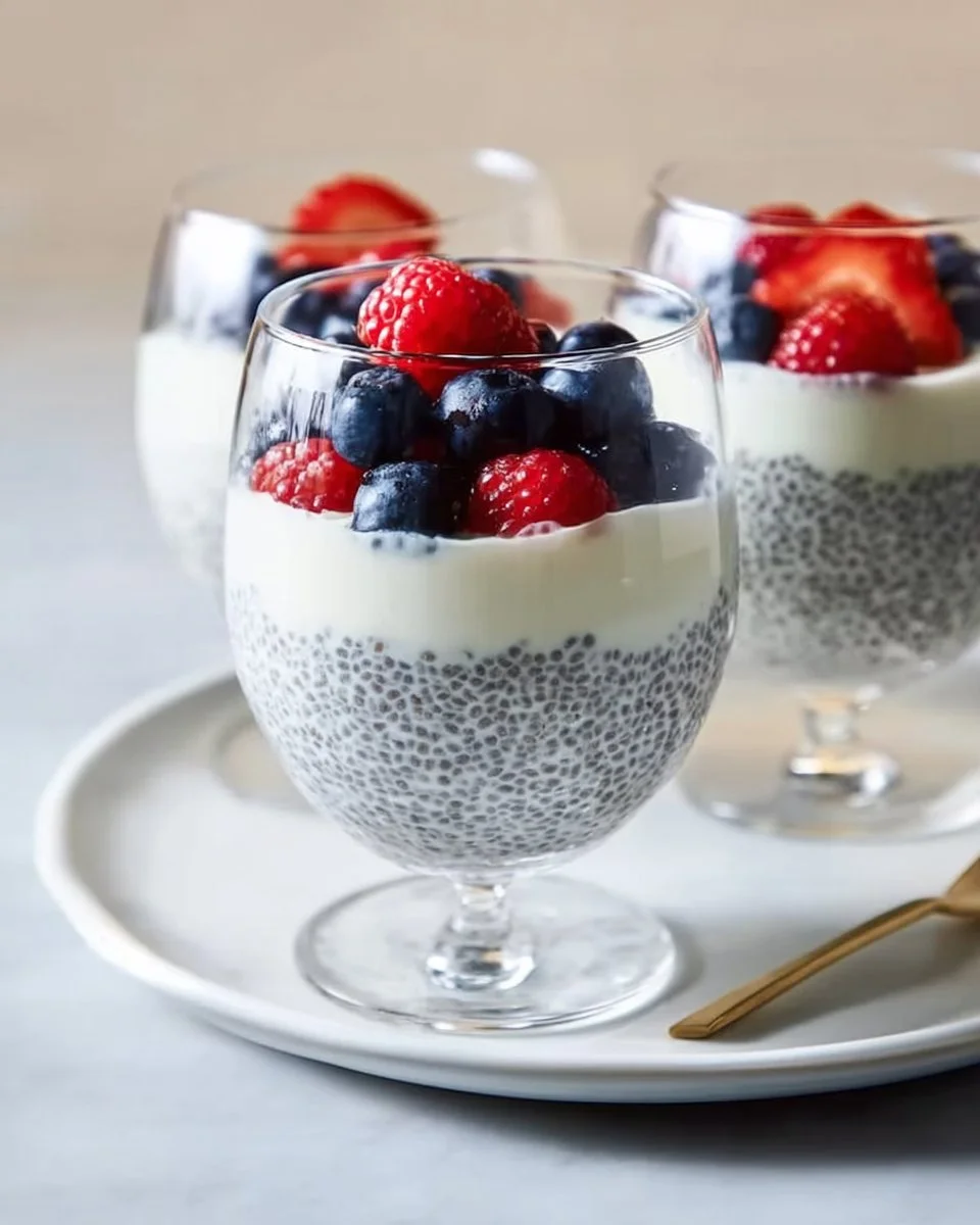 Creamy chia seed pudding topped with yogurt and fresh berries