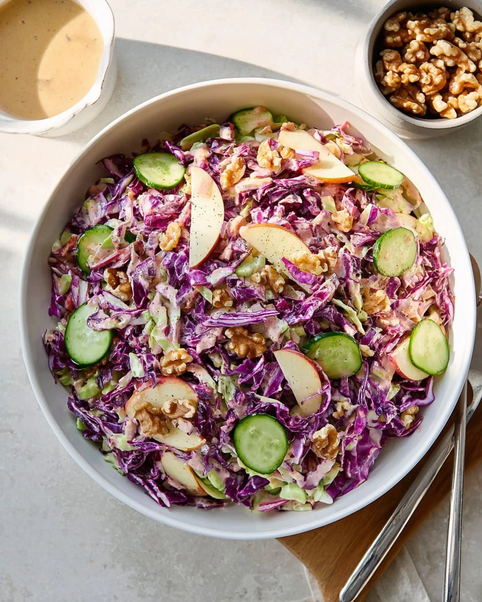 Crunchy red cabbage salad with fresh vegetables and a bright dressing