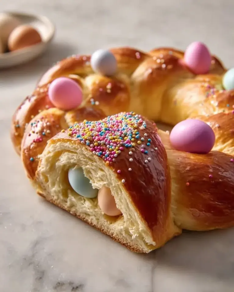 Homemade Easy Sweet Italian Easter Bread decorated with colorful eggs