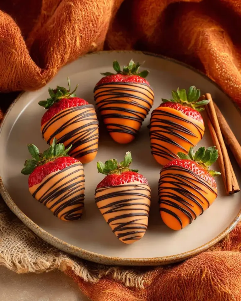Delicious fall chocolate covered strawberries arranged beautifully on a platter.