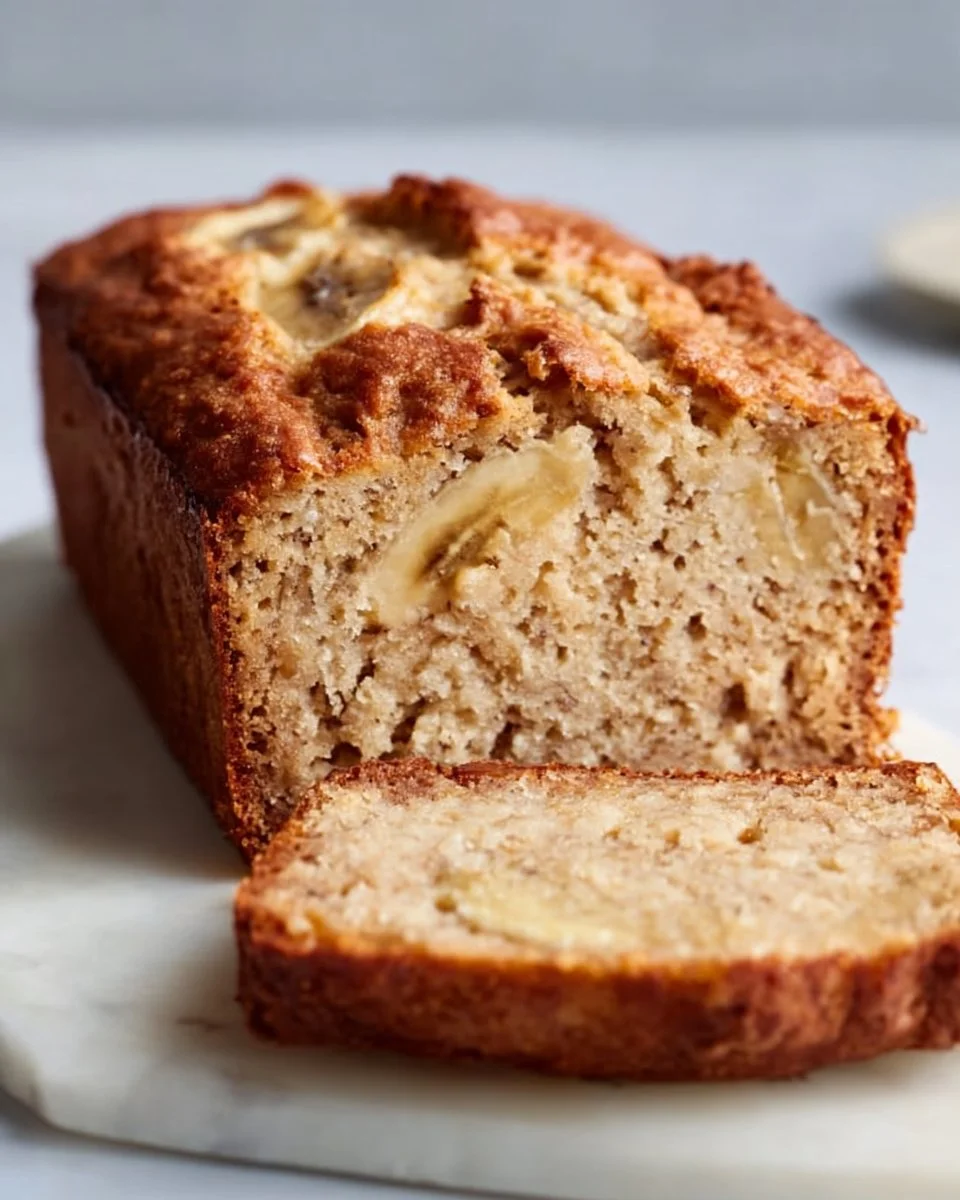 Slice of gluten-free banana bread topped with nuts on a wooden table