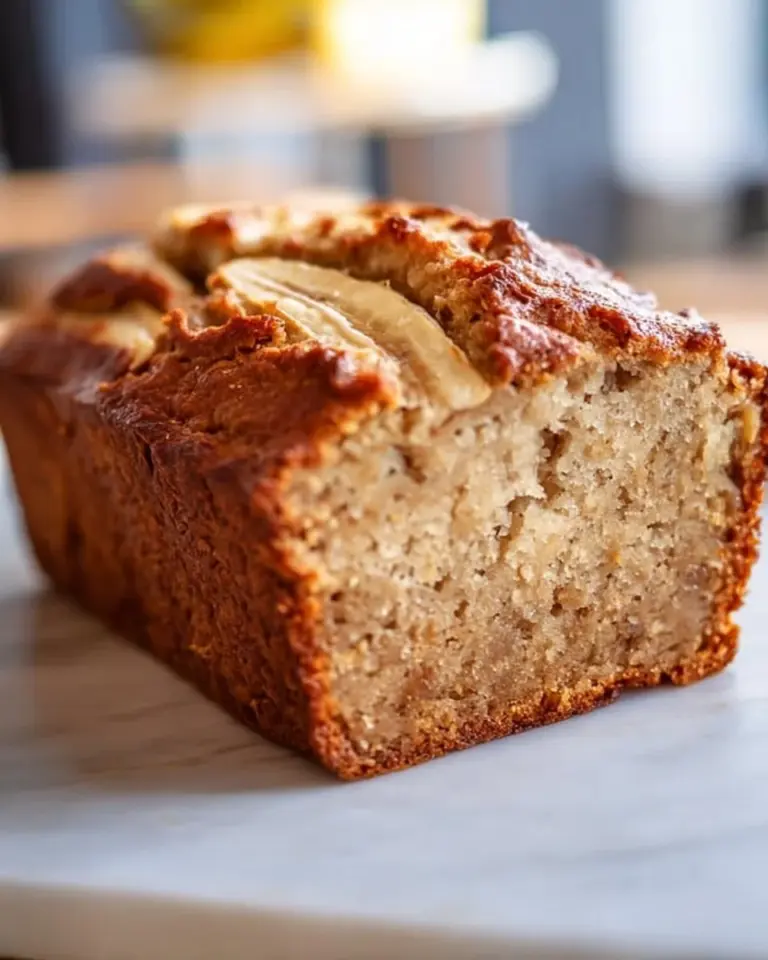 Sliced healthy banana bread made with almond flour and topped with walnuts.