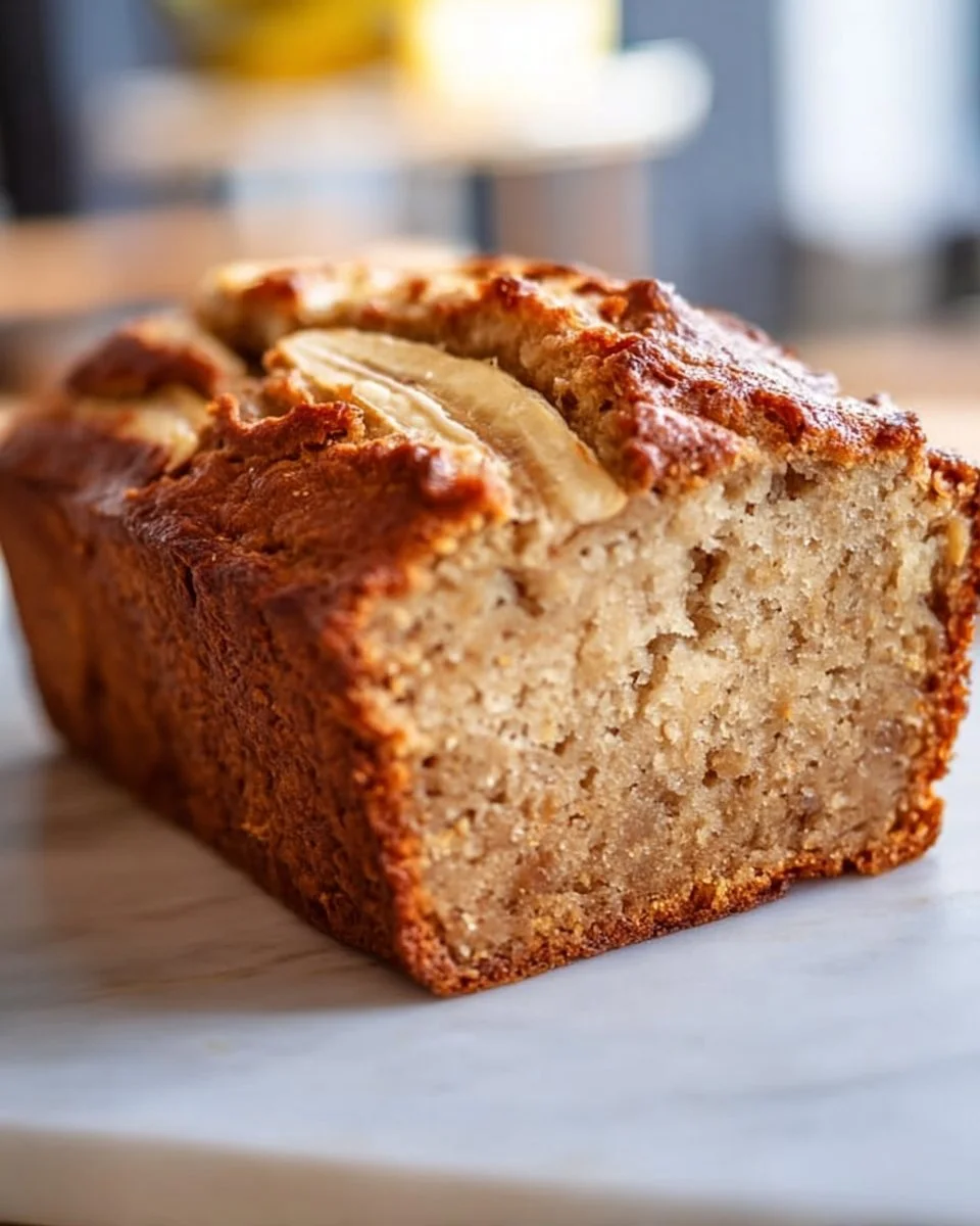 Sliced healthy banana bread made with almond flour and topped with walnuts.