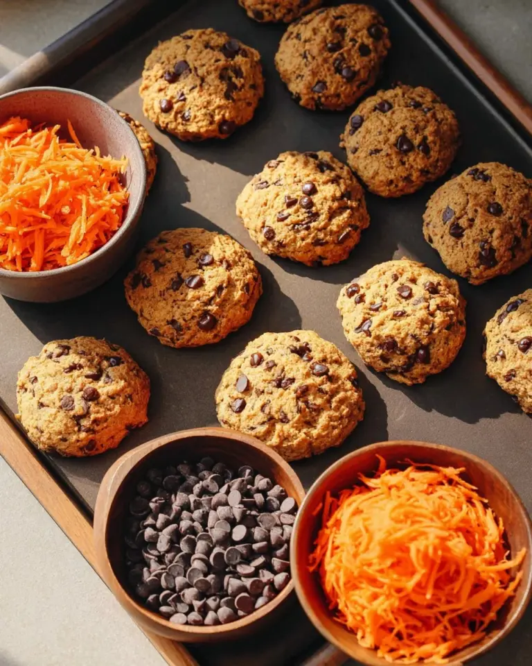 Healthy carrot chocolate chip cookies with chocolate chunks and shredded carrots
