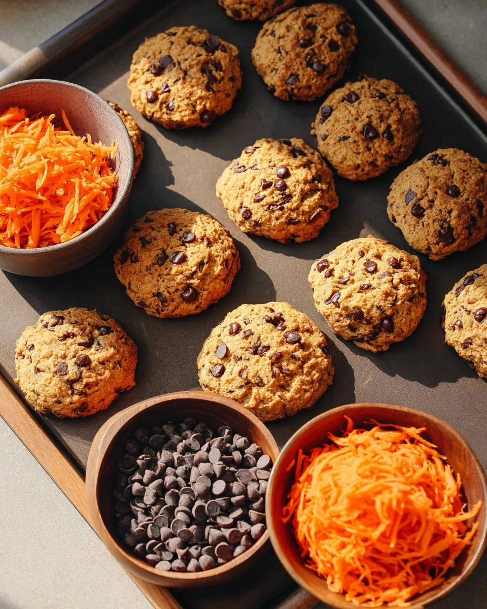 Healthy carrot chocolate chip cookies with chocolate chunks and shredded carrots