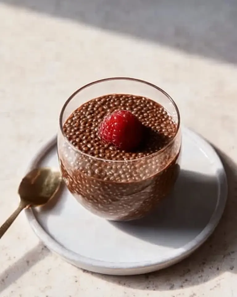 Delicious healthy chocolate chia pudding topped with fresh fruit and nuts.