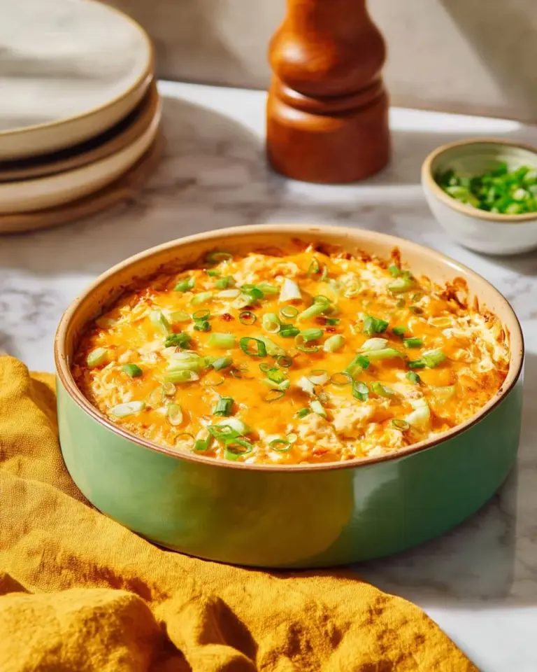 Hot Buffalo Chicken Dip without Blue Cheese served in a dish
