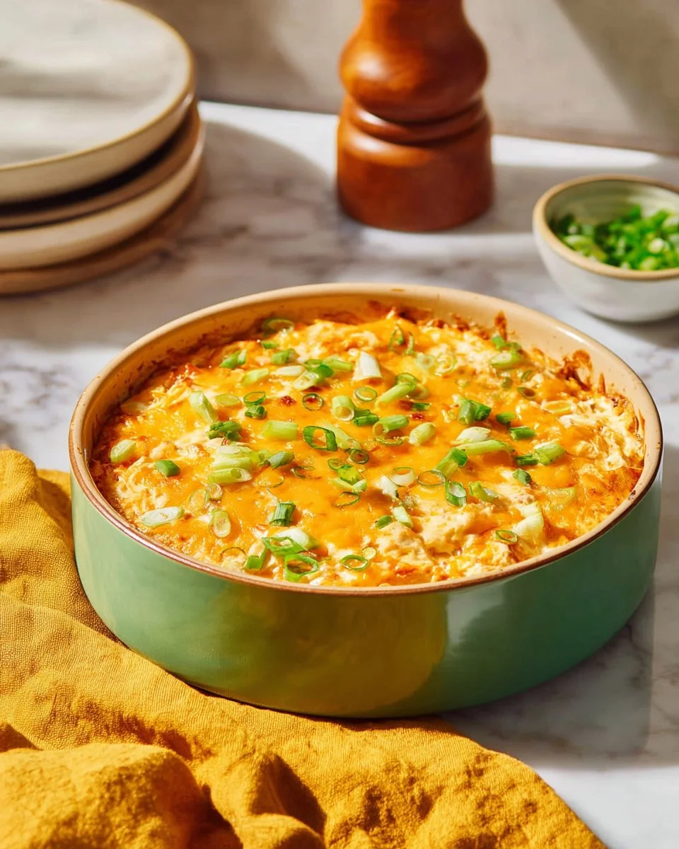 Hot Buffalo Chicken Dip without Blue Cheese served in a dish