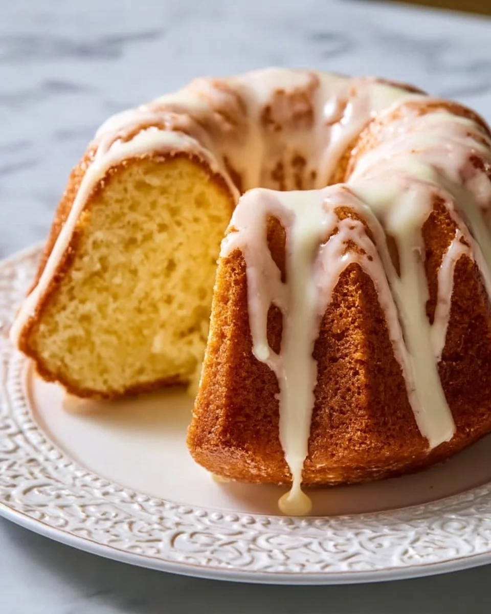 Deliciously moist Kentucky Butter Cake served with a drizzle of glaze