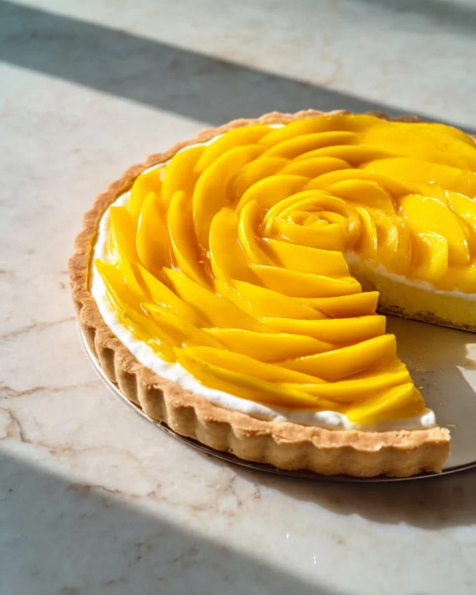 Delicious mango tart with fresh mango slices on top