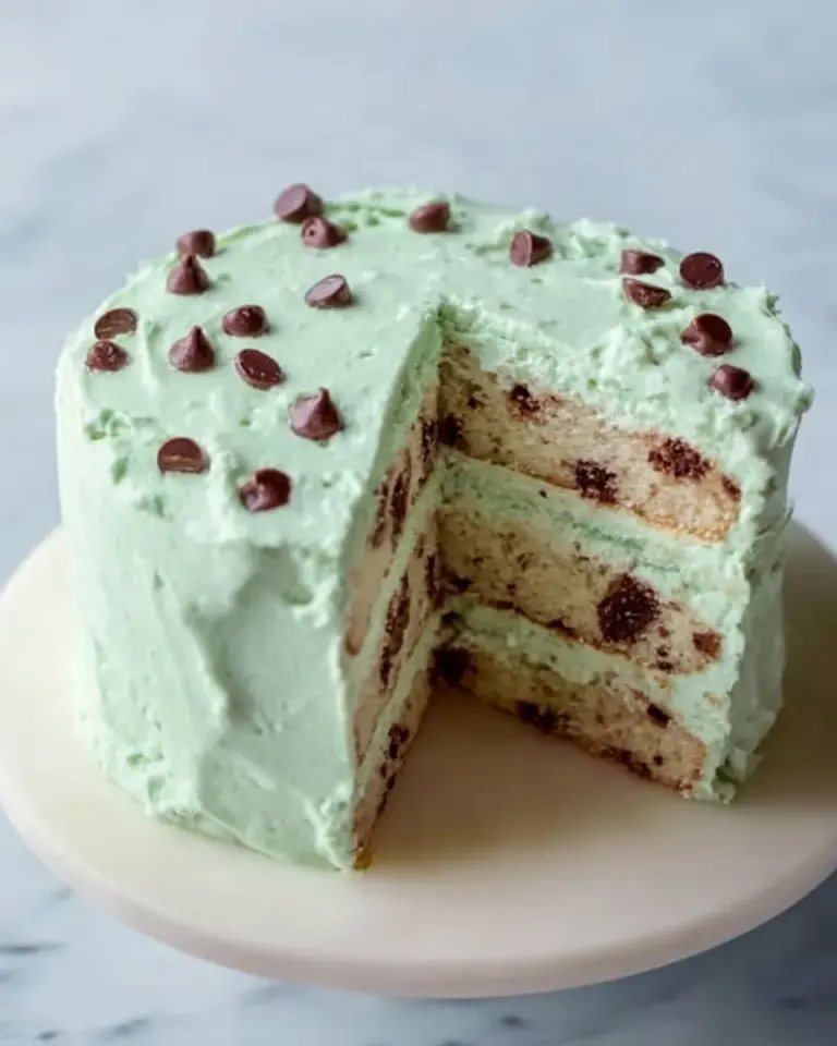 Slice of moist Mint Chocolate Chip Cake with chocolate chips and mint frosting