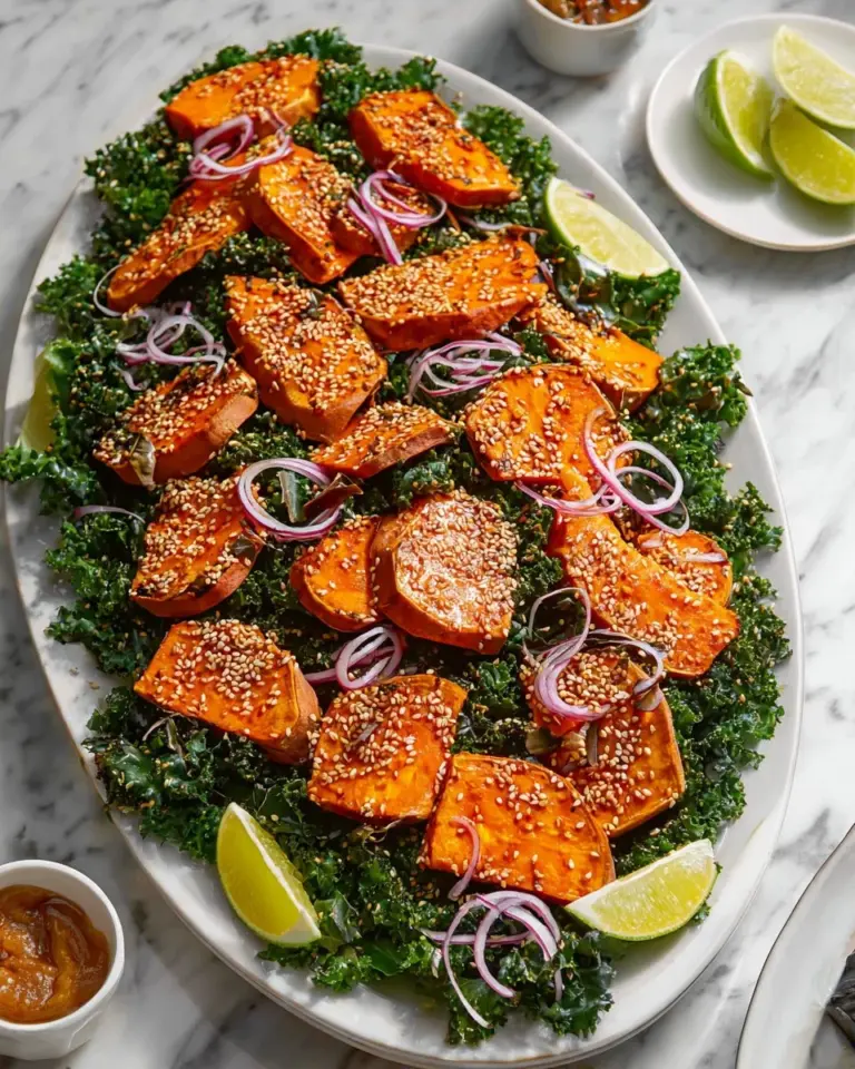 Miso glazed pumpkin kale salad with vibrant colors and fresh ingredients