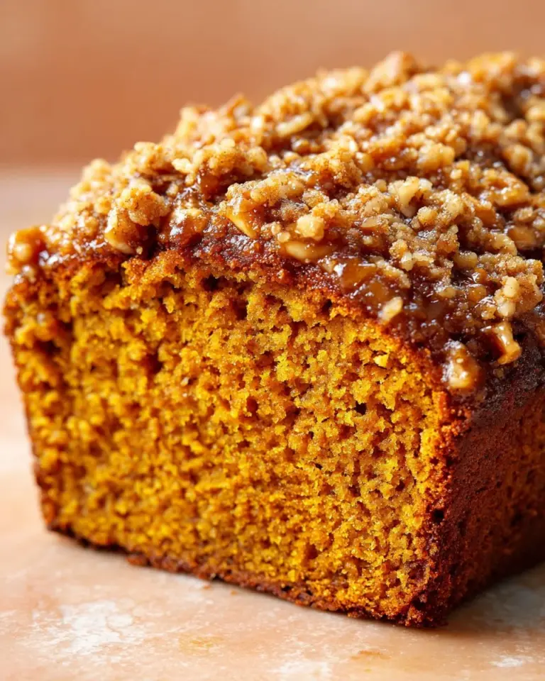 Delicious pumpkin bread topped with a crunchy nut crumble for added flavor.
