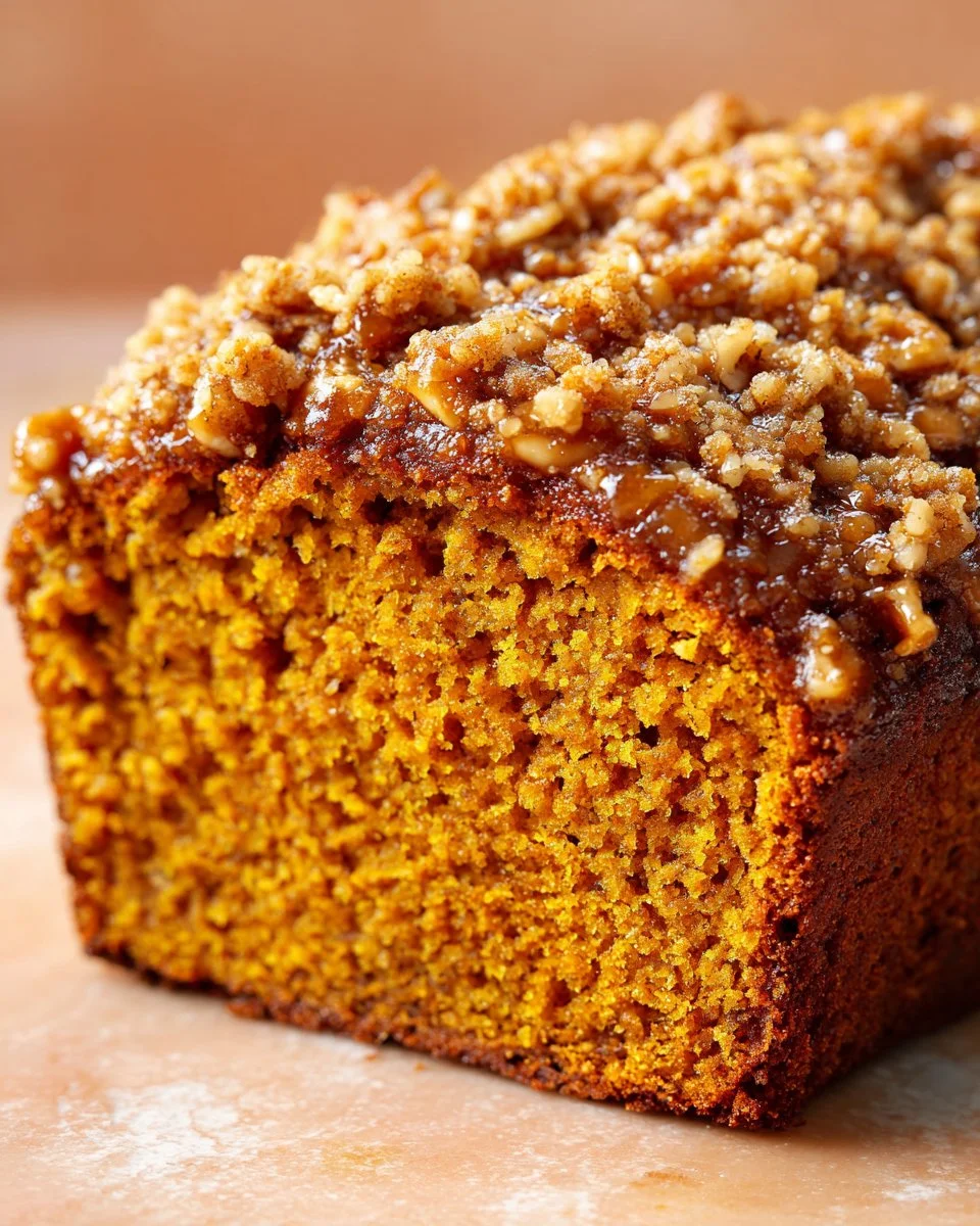 Delicious pumpkin bread topped with a crunchy nut crumble for added flavor.