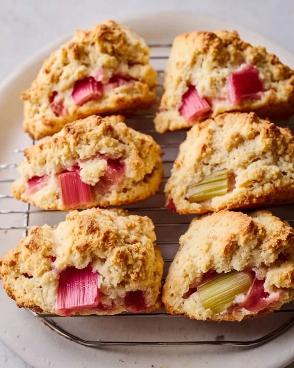 Delicious homemade rhubarb scones with a golden crust and fresh rhubarb pieces.