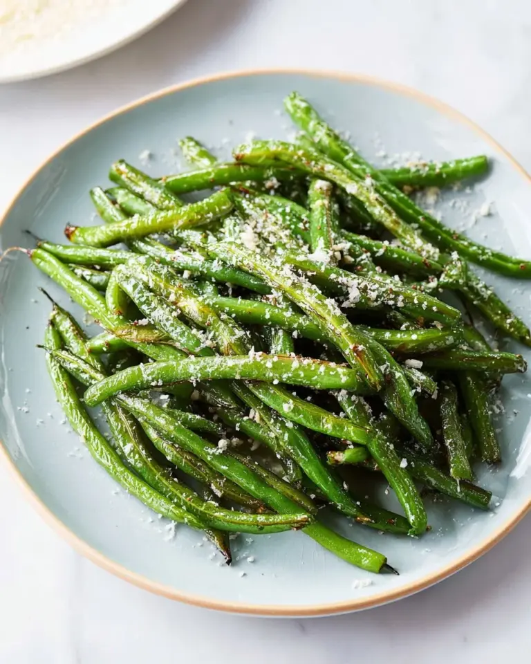 Plate of roasted green beans prepared from frozen vegetables