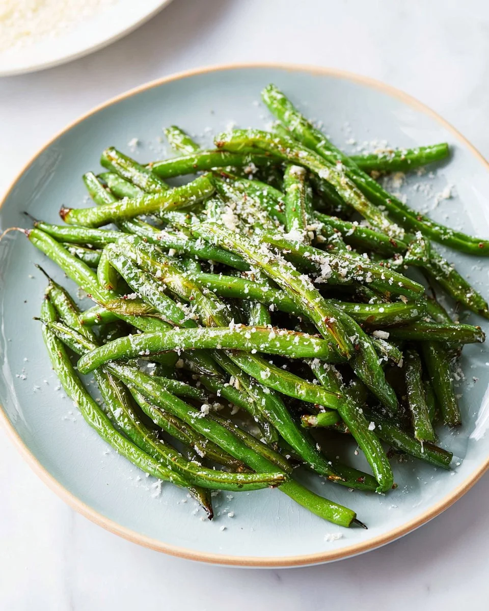 Plate of roasted green beans prepared from frozen vegetables
