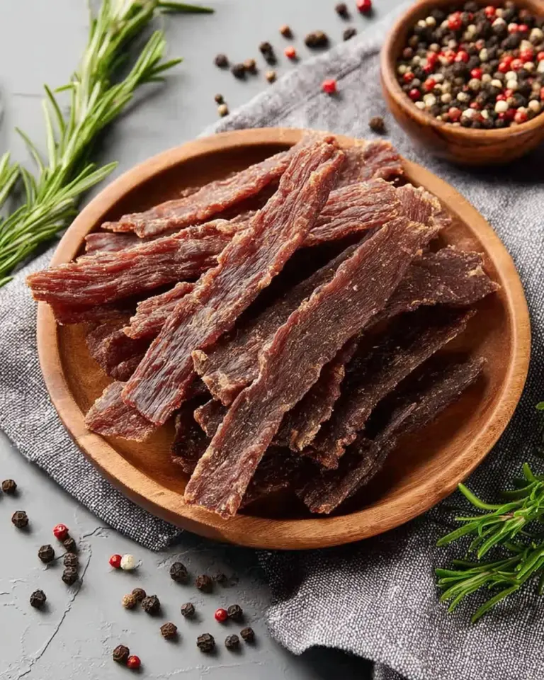 Savory dehydrated ground turkey jerky snack packed with protein
