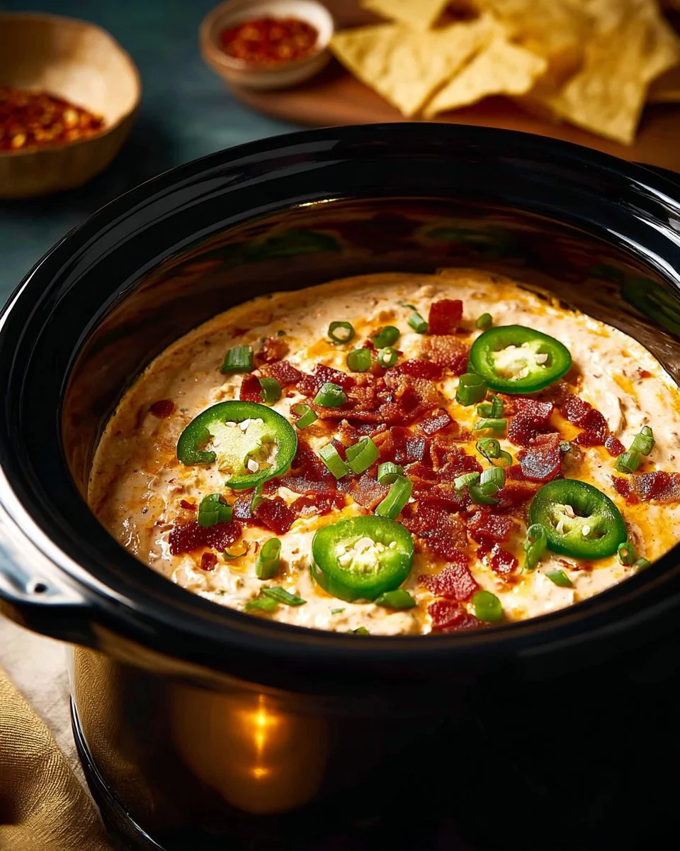 Spicy Crockpot Jalapeno Popper Dip in a serving dish.