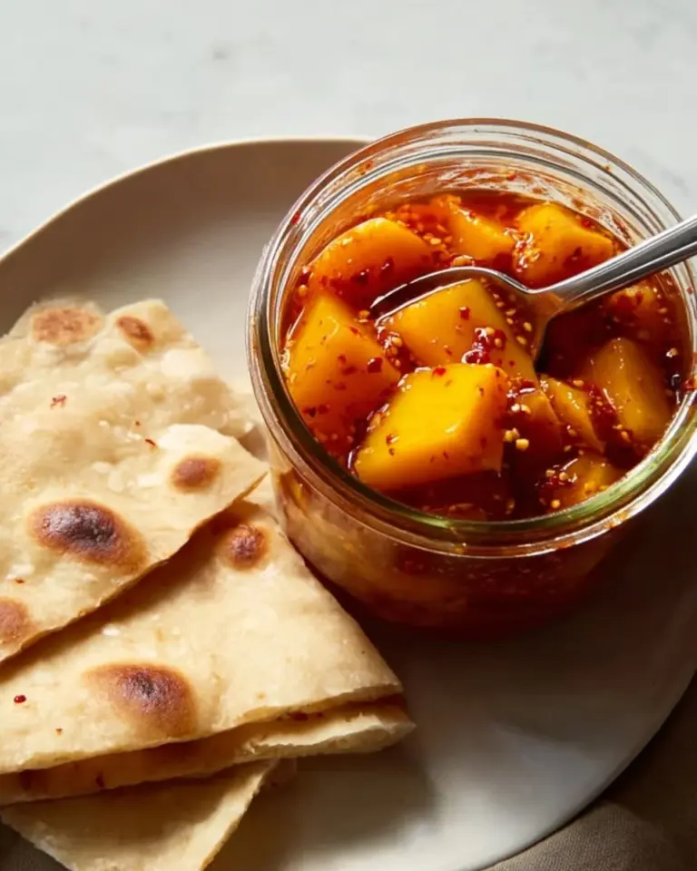 A jar of homemade Spicy Mango Pickle with fresh mangoes and spices