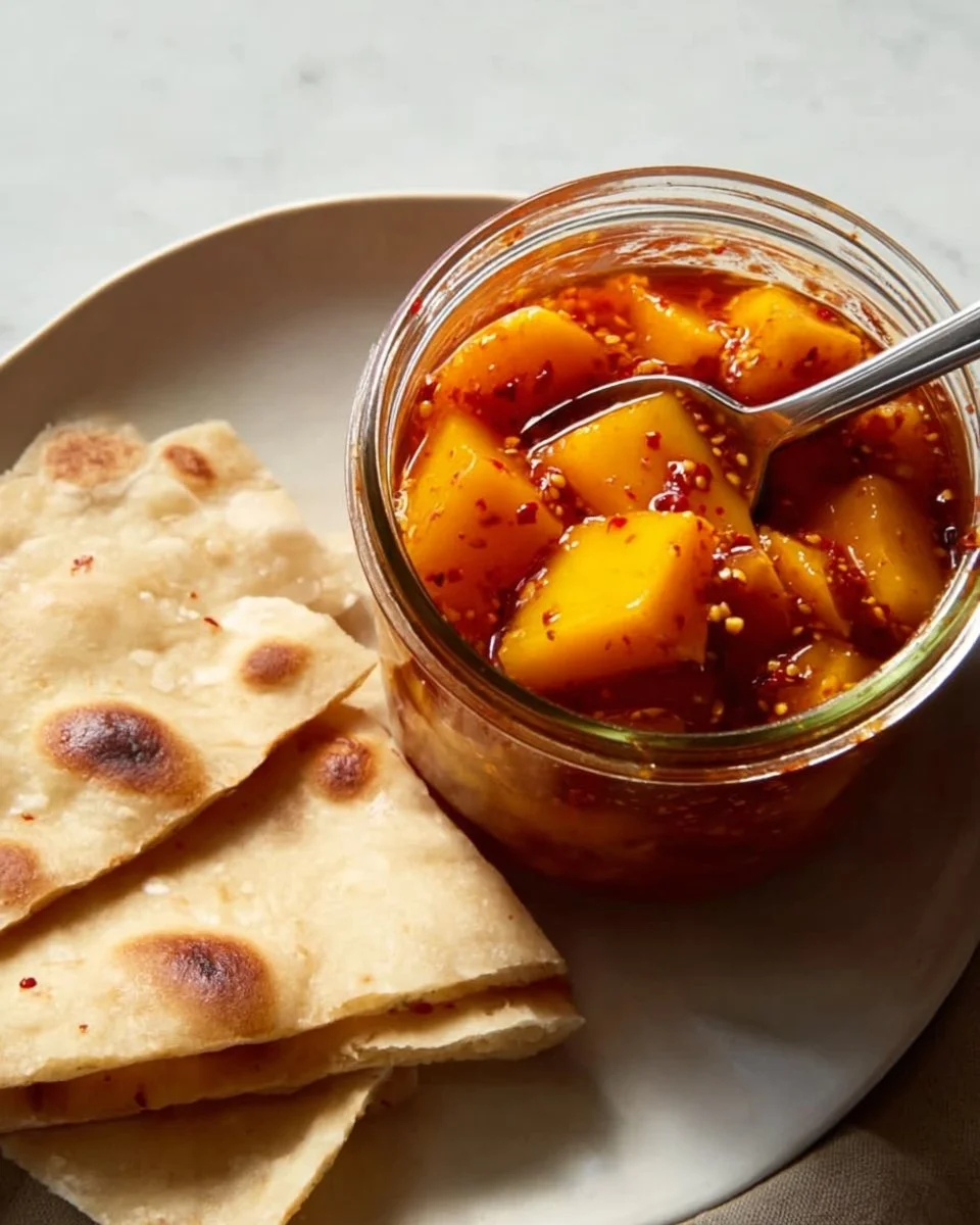 A jar of homemade Spicy Mango Pickle with fresh mangoes and spices