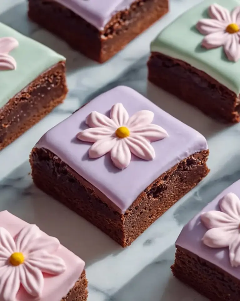 Freshly baked spring brownies topped with colorful spring toppings.